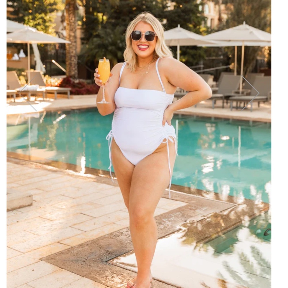 Sunset Sail White Square Neck Ruched Side Swimsuit